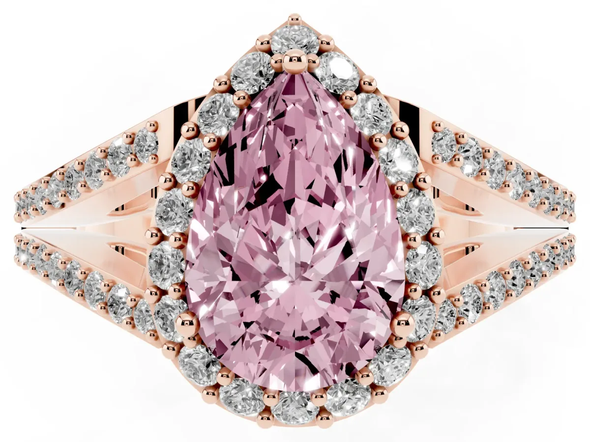 Fancy Pink Pear Cut Halo Split Shank Diamond Ring with Prong Setting Rose gold
