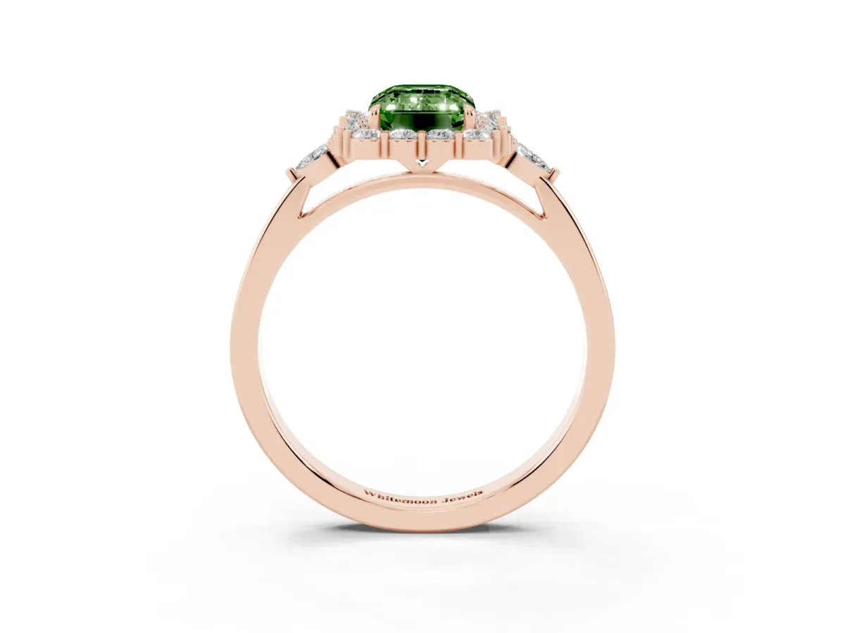 Fancy Green Emerald Cut Diamond Halo Ring with Pear Side Stones and Prong Setting Rose gold