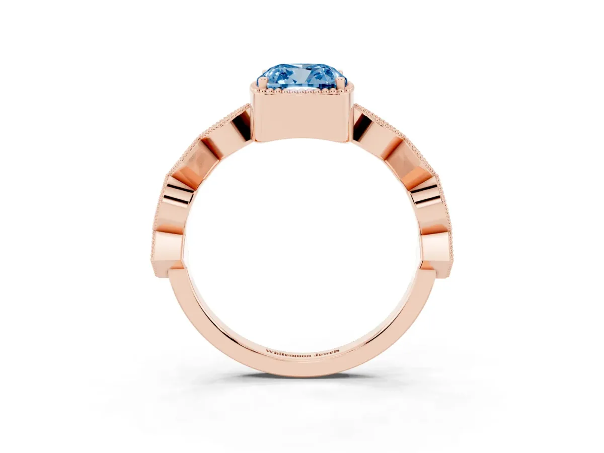 Fancy Blue Cushion Cut Milgrain Marquise Diamond Twist Band Ring Rose gold