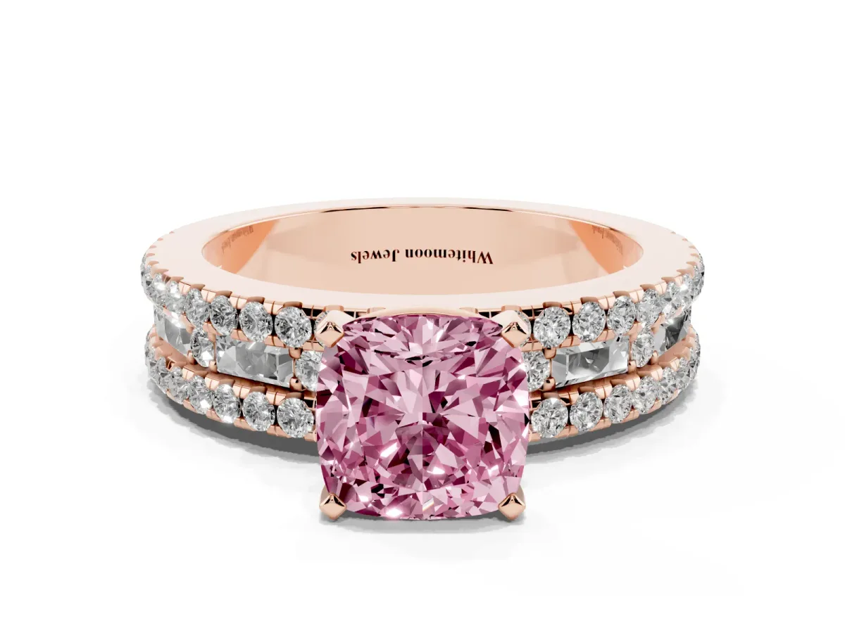 Fancy Pink Cushion Cut Diamond Solitaire Ring with Pavé and Channel Set Band Rose gold