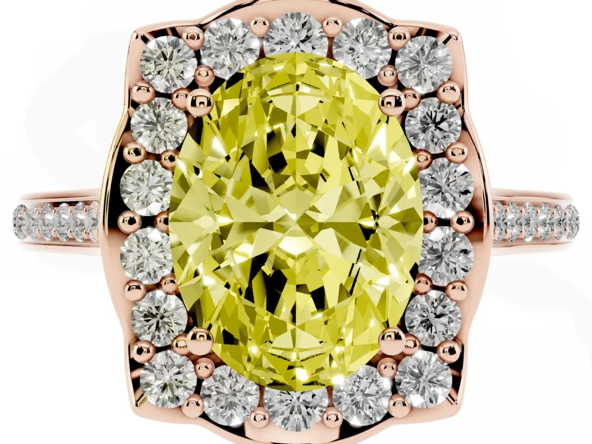 Fancy Yellow Oval Cut Halo Round Diamond Pave Band with Four-Prong Setting Rose gold