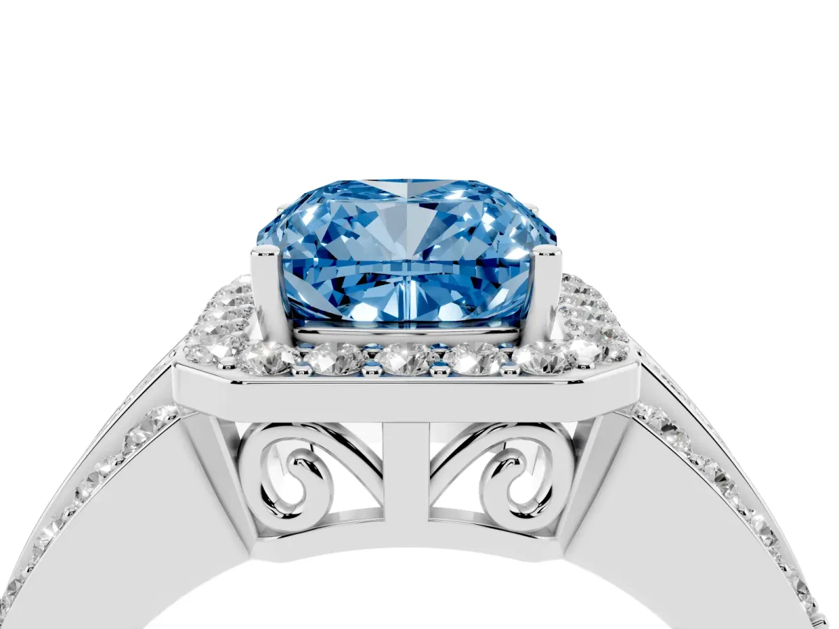 Fancy Blue Cushion Cut Halo Diamond Ring with Round Split Shank and Prong Setting Platinum