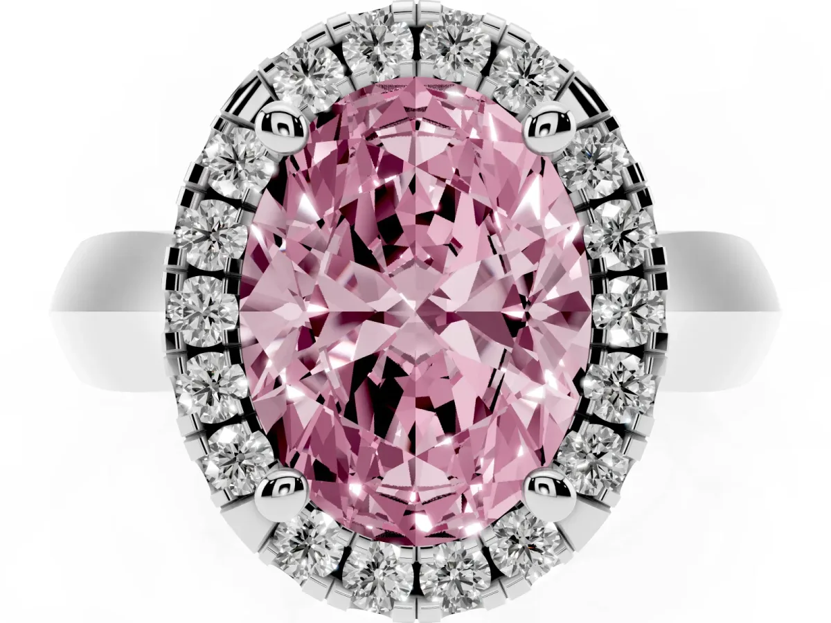 Fancy Pink Oval Cut Cut Halo Solitaire Engagement Ring with Square Band and Four-Prong Setting Silver