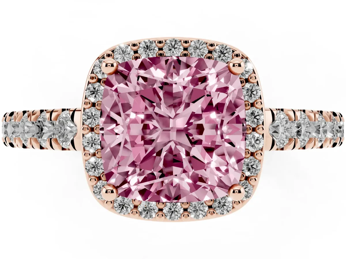 Fancy Pink Cushion Cut Cut Halo Diamond Engagement Ring with Pave Band and Four-Prong Setting Rose gold