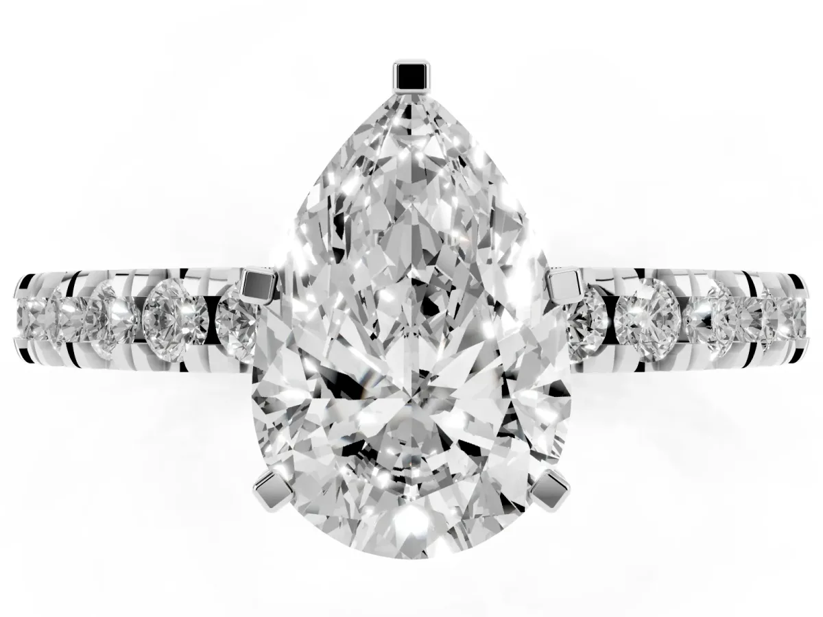 Pear Cut Diamond Pavé Band Solitaire with Four-Prong Setting Silver
