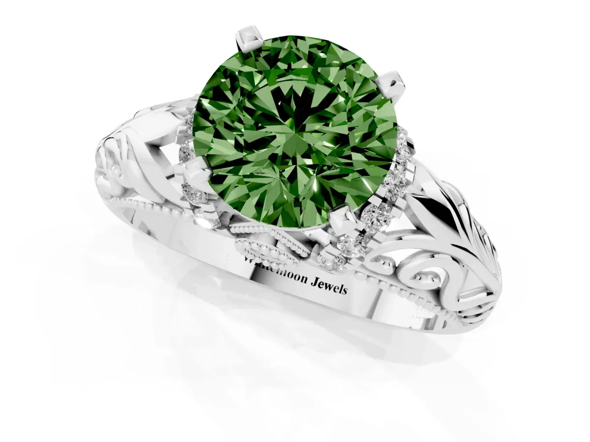 Fancy Green Round Cut Solitaire Filigree Engagement Ring with Halo and Prong Setting Silver