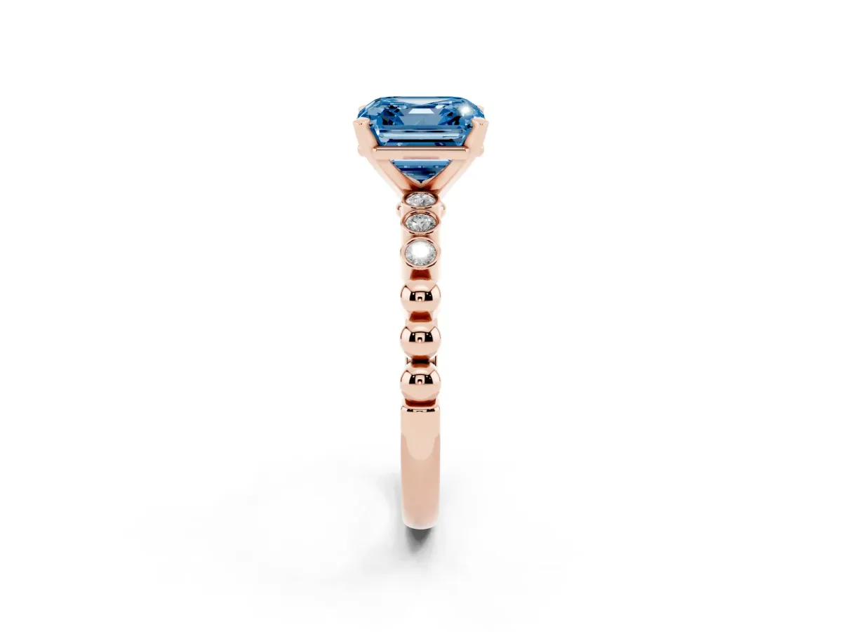 Fancy Blue Asscher Cut Solitaire Bezel Accent Diamond Engagement Ring with Beaded Band and Four-Prong Setting Rose gold