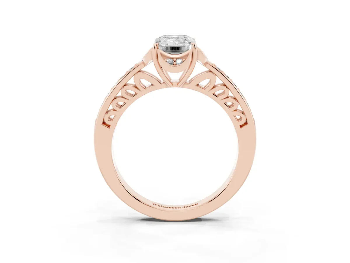 Emerald Cut Cut Halo Diamond Ring with Channel Set Band and Four-Prong Setting Rose gold
