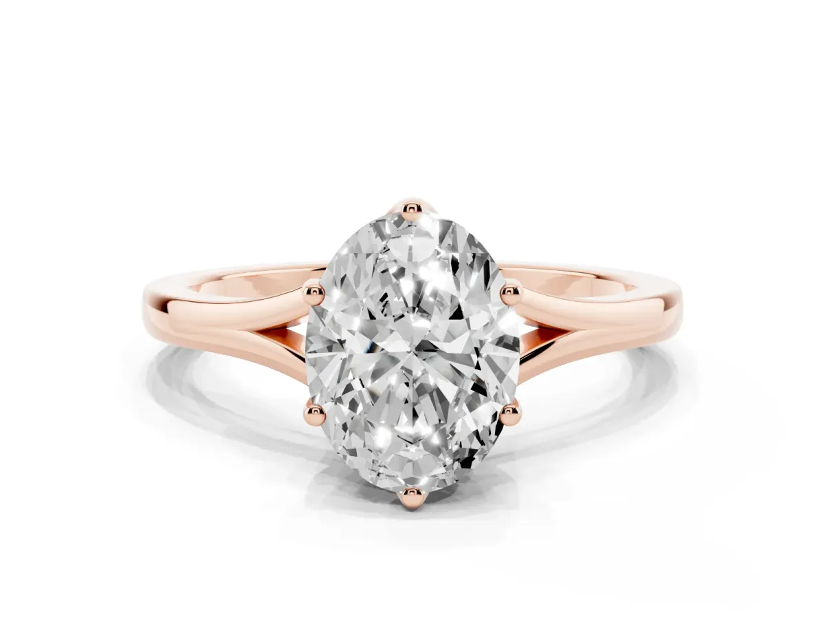 Oval Cut Solitaire Diamond Ring with Six-Prong Setting and Tapered Band Rose gold