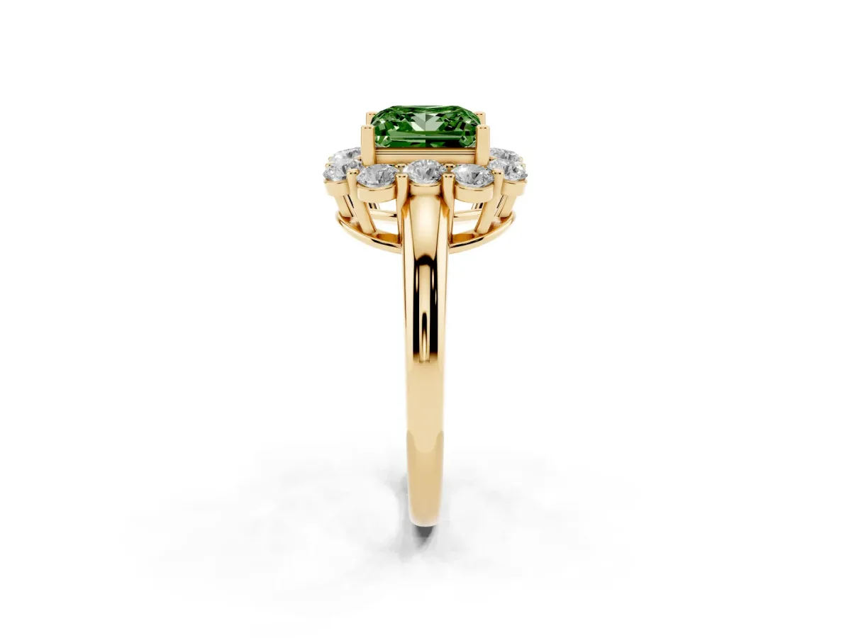 Fancy Green Princess Cut Halo Milgrain Solitaire with Bezel Set Side Stones and Pave Band Yellow gold