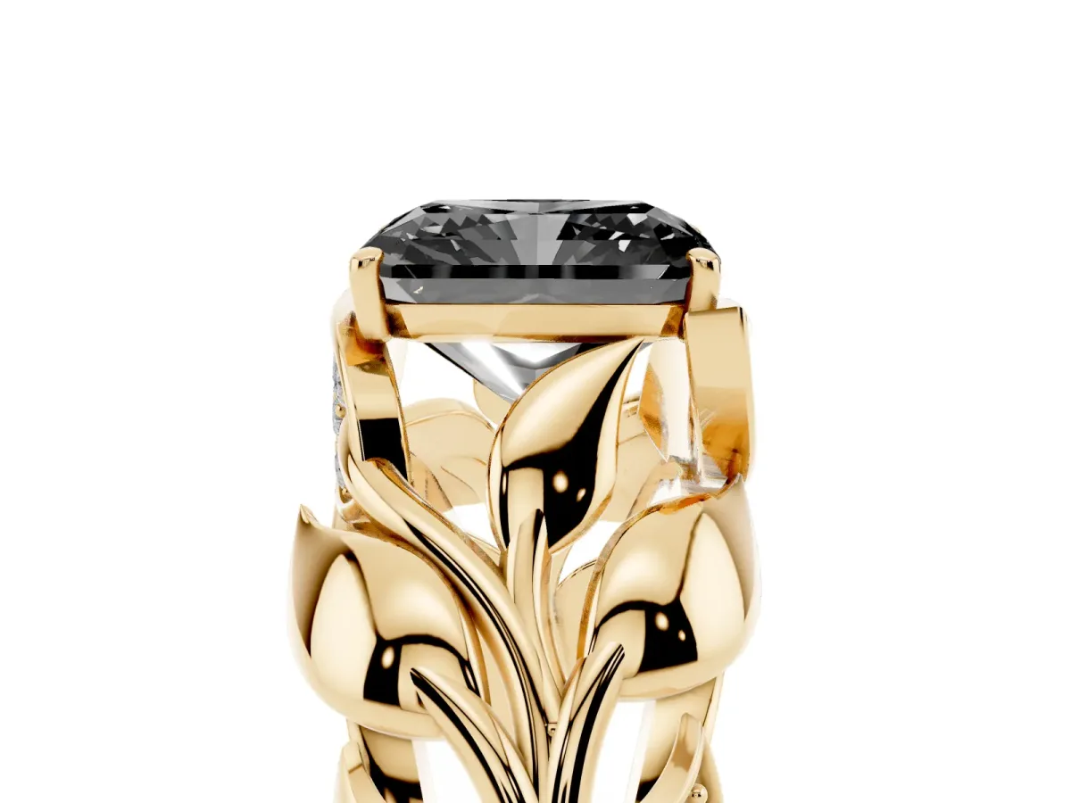 Fancy Black Radiant Cut Diamond Leaf-Inspired Engagement Ring with Round Accents and Prong Setting Yellow gold