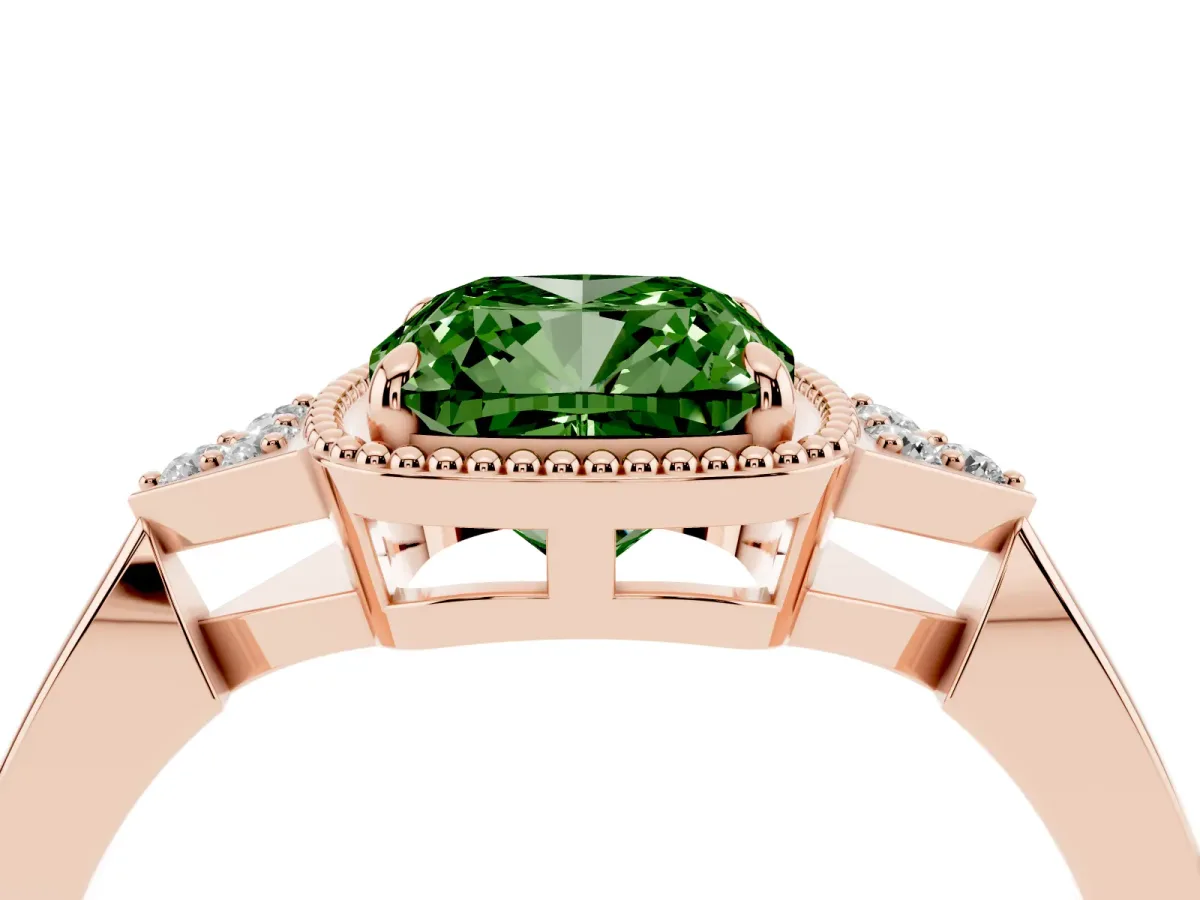 Fancy Green Hexagonal Halo Cushion Cut Diamond Solitaire with Pavé Band and Four-Prong Setting Rose gold