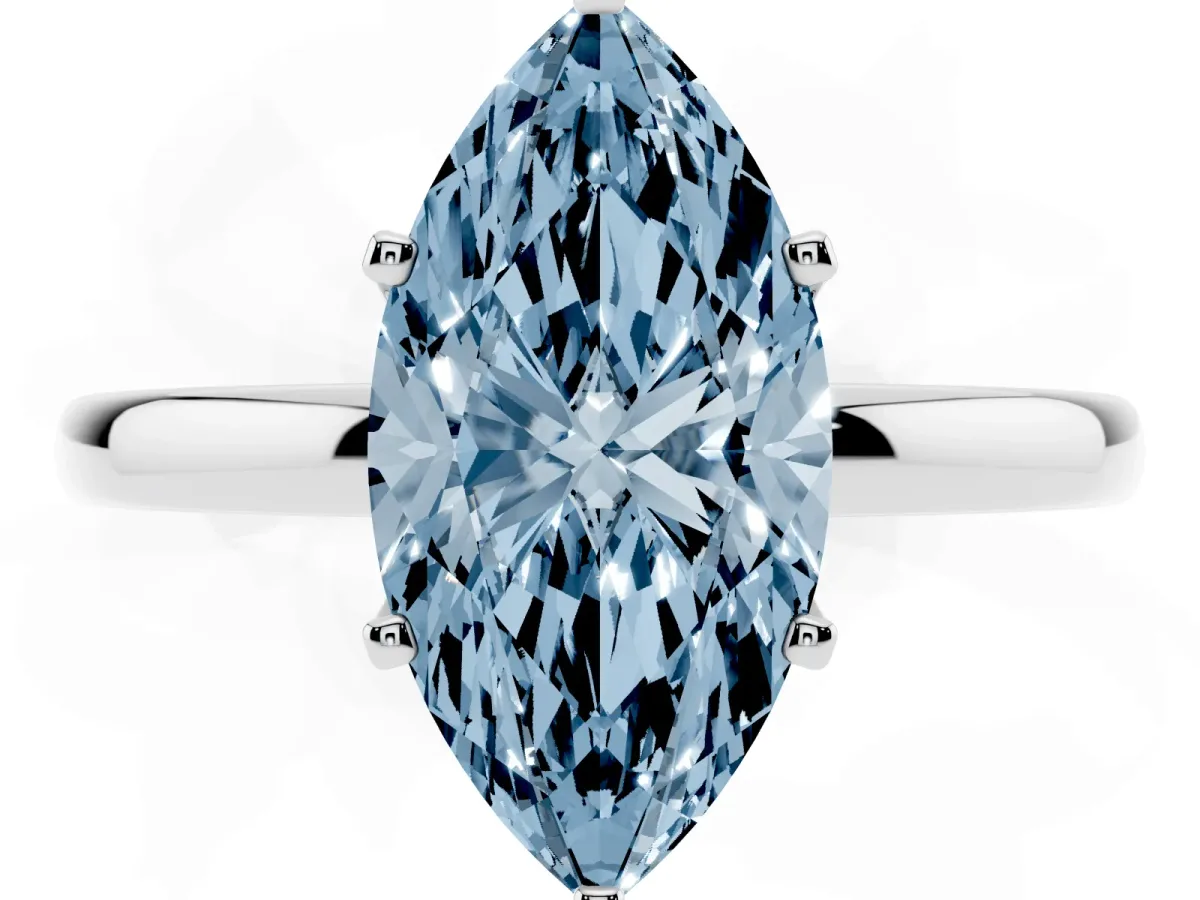 Fancy Blue Marquise Cut Solitaire Diamond Ring with Six-Prong Setting on a Classic Band Silver