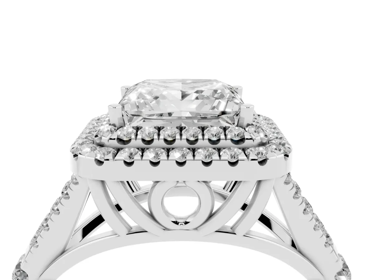 Princess Cut Cut Double Halo Split Shank Diamond Ring with Prong Setting Silver