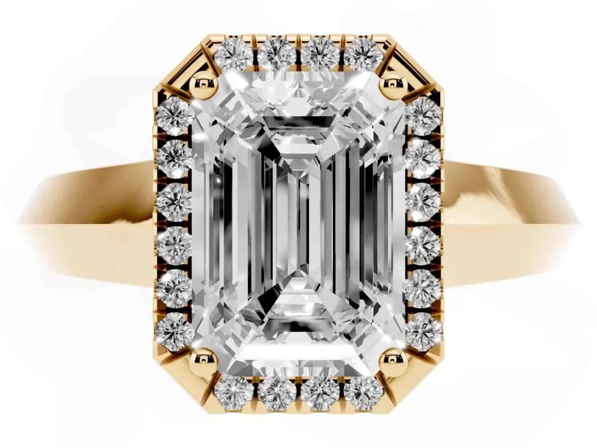Emerald Cut Halo Diamond Ring with Cathedral Band and Four-Prong Setting Yellow gold