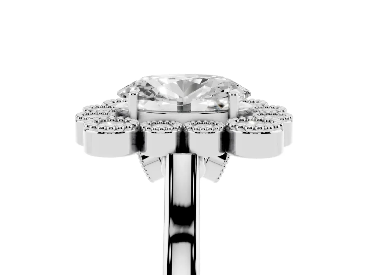Oval Cut Halo Diamond Cluster Engagement Ring with Milgrain Bezel Setting and Solitaire Band White gold