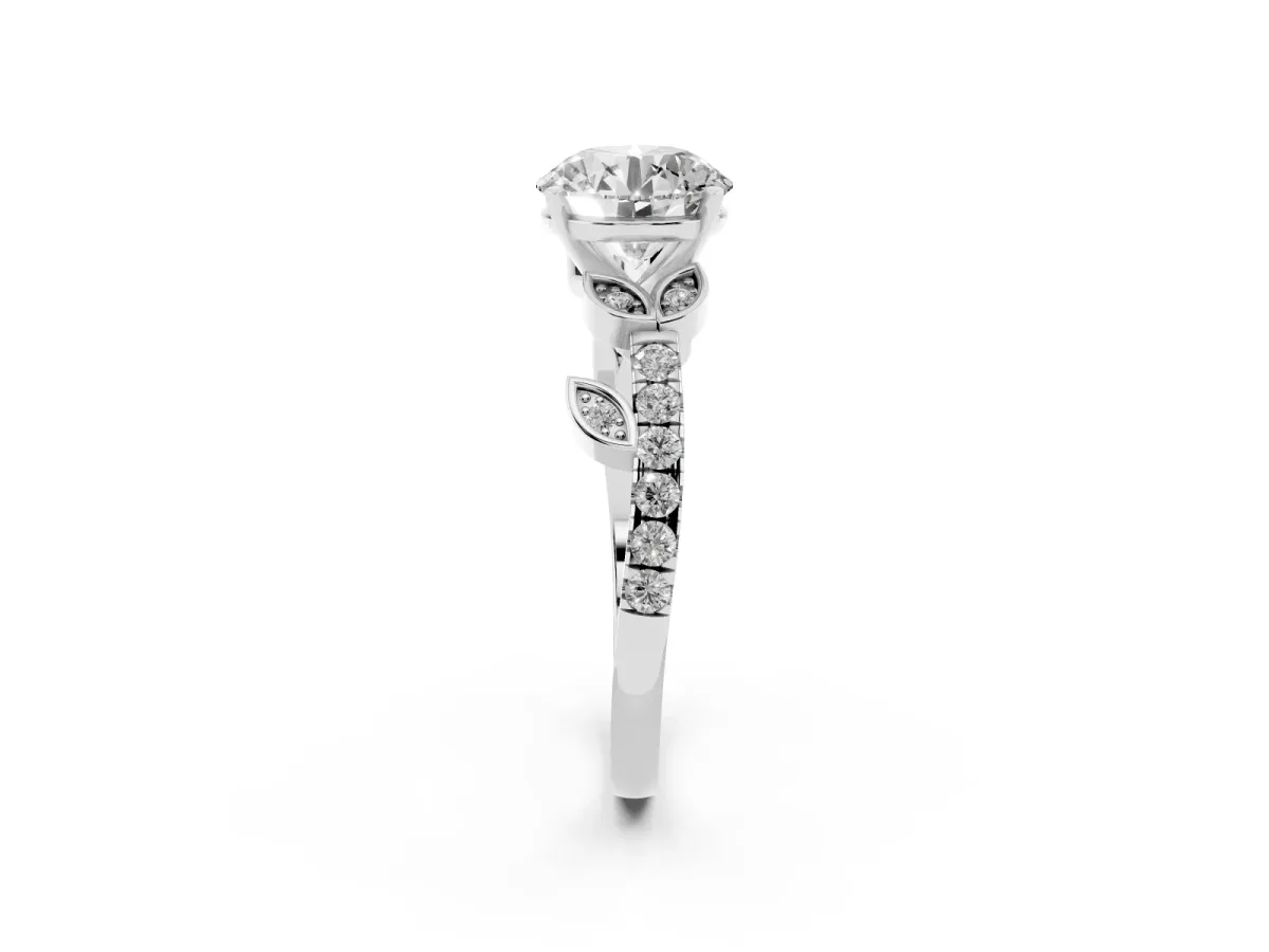Round Cut Solitaire Leaf-Inspired Diamond Ring with Pavé Band and Four-Prong Setting Silver