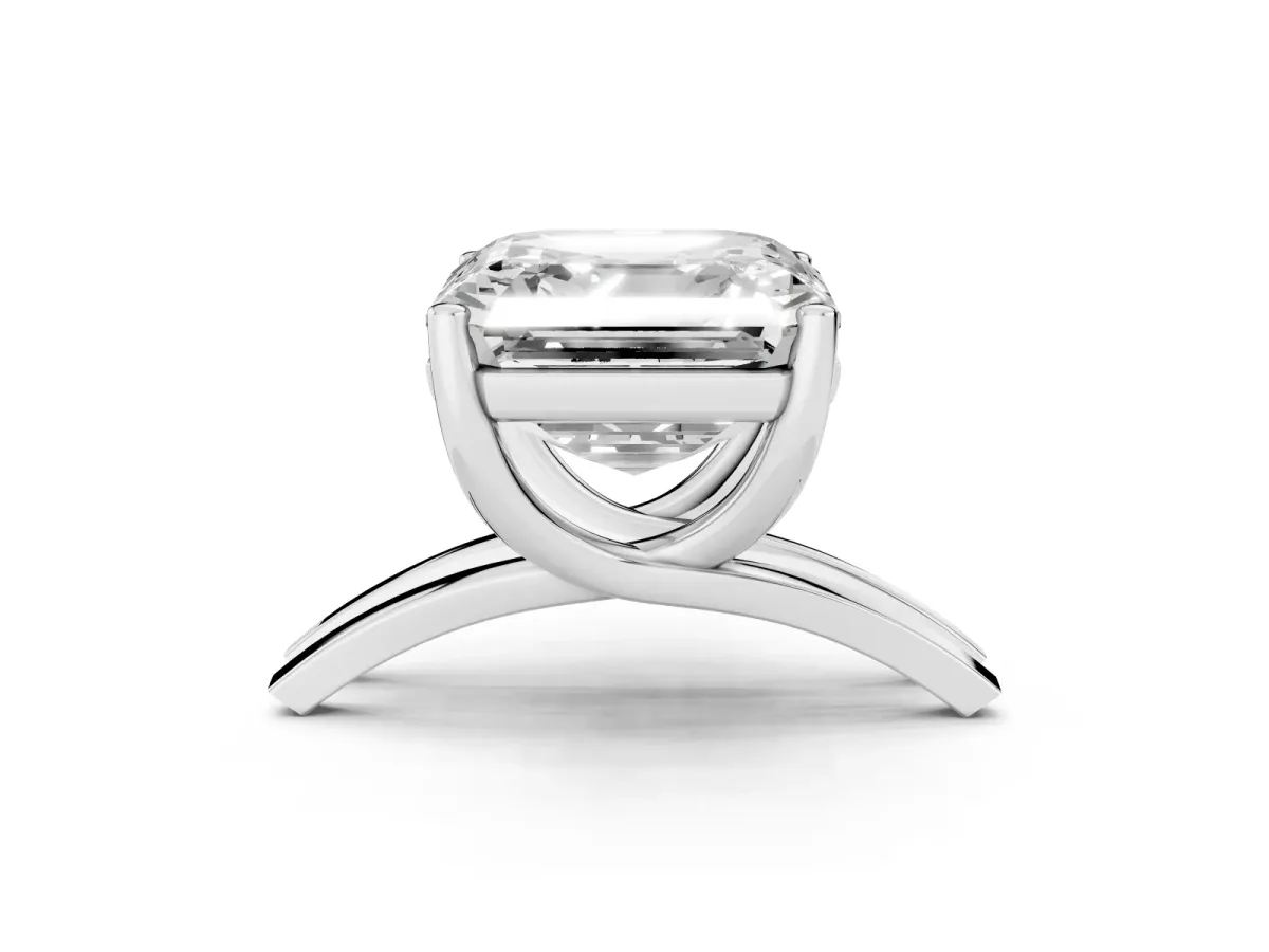 Asscher Cut Cut Diamond Solitaire Engagement Ring with Tapered Plain Band and Four-Prong Setting Silver
