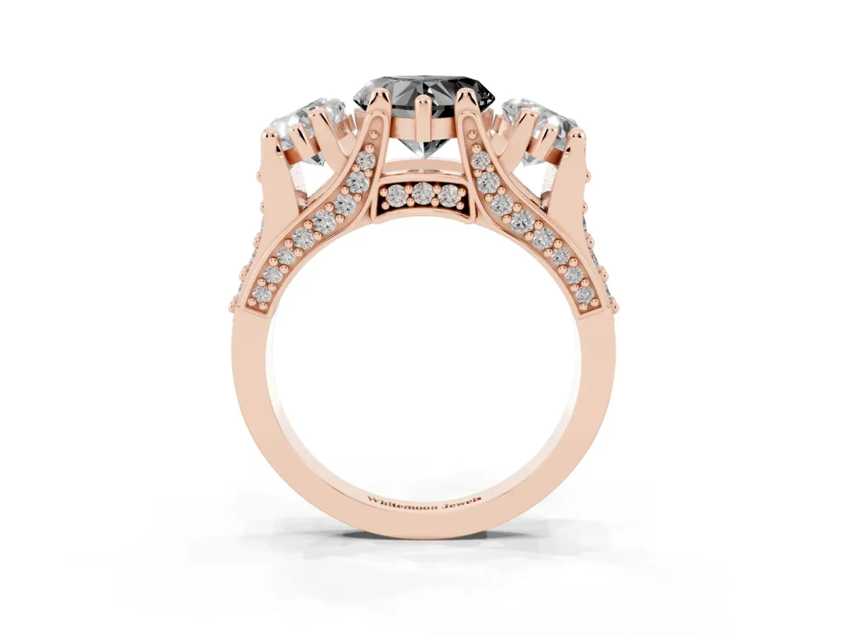 Fancy Black Heart Cut Diamond Three-Stone Ring with Channel Set Band and Four-Prong Setting Rose gold