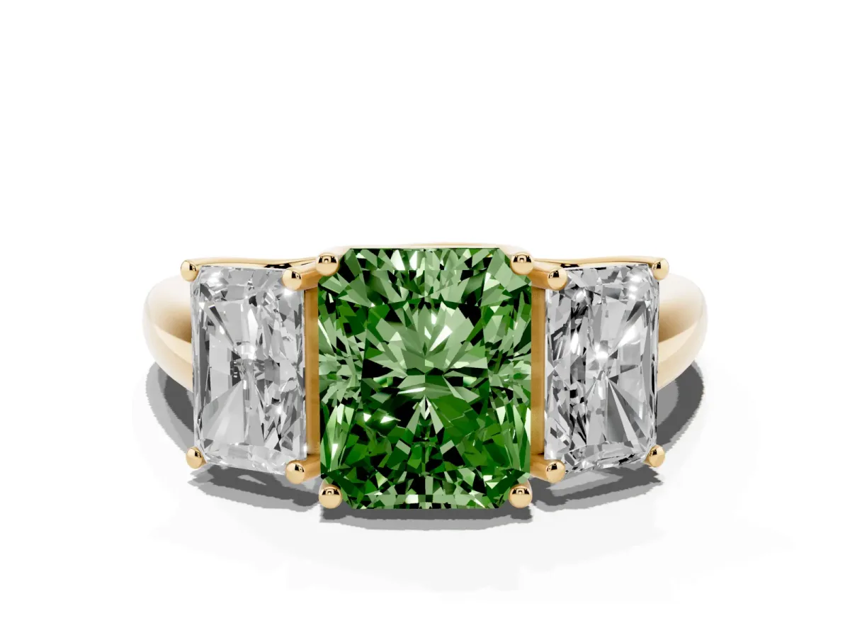 Fancy Green Three-Stone Radiant Cut Diamond Engagement Ring with Prong Setting Yellow gold