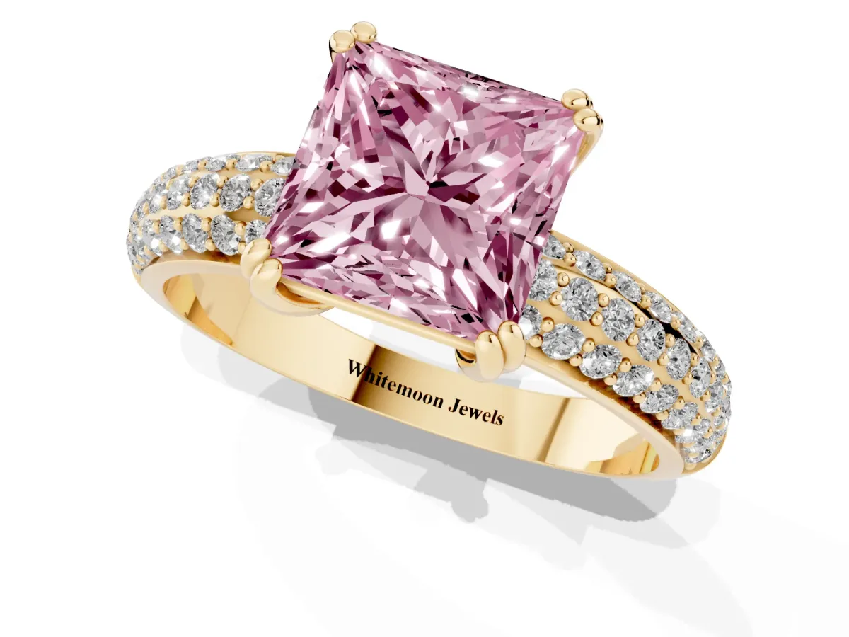 Fancy Pink Princess Cut Diamond Solitaire Ring with Multi-Row Round Pavé Band and Prong Setting Yellow gold