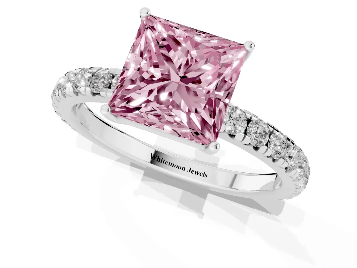 Fancy Pink Princess Cut Diamond Pavé Solitaire Engagement Ring with Four-Prong Setting Silver
