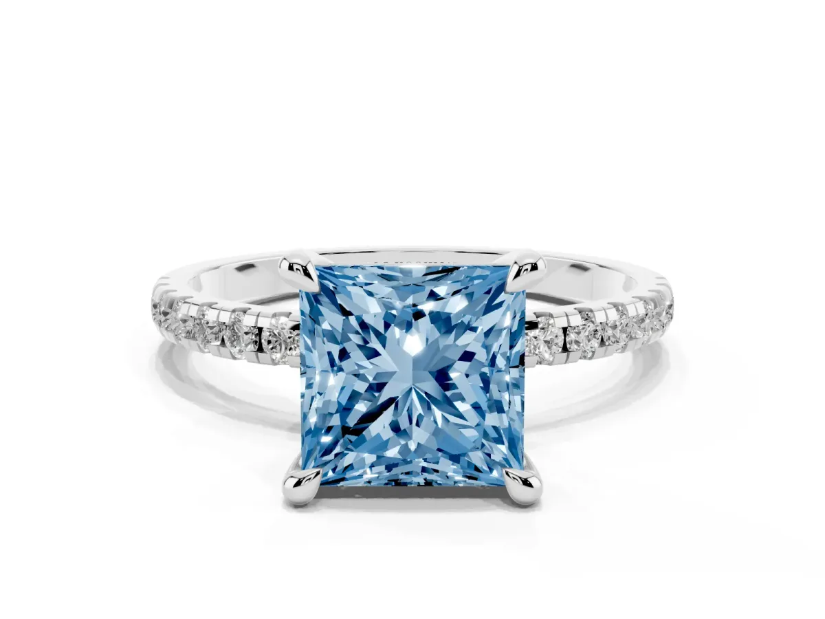 Fancy Blue Princess Cut Diamond Brilliant Solitaire Ring with Pavé Band and Four-Prong Setting Silver