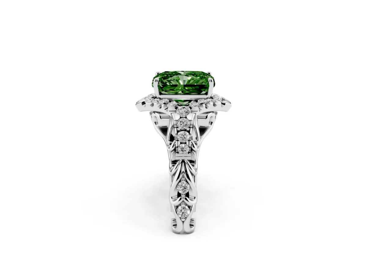 Fancy Green Radiant Cut Diamond Solitaire Ring with Hidden Halo and Pavé Band White gold