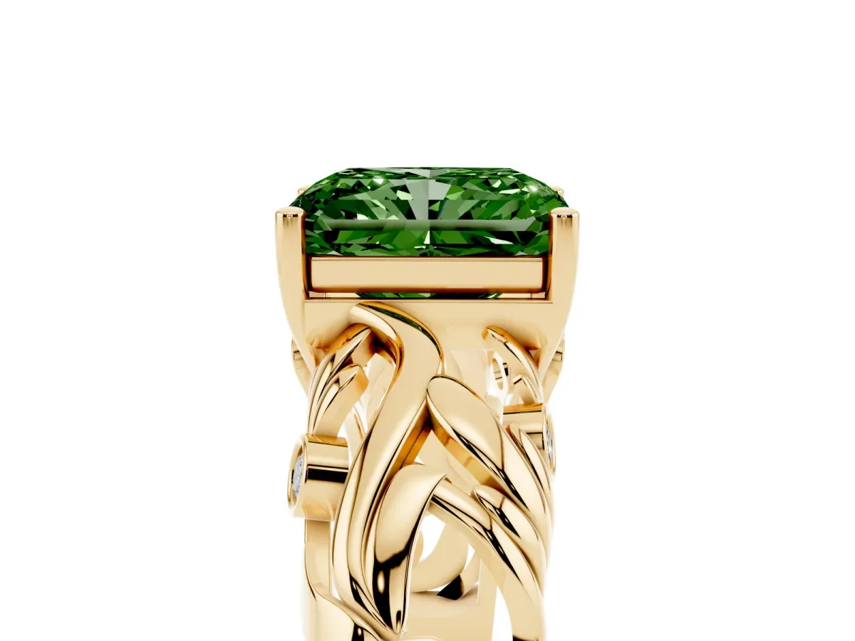 Fancy Green Radiant Cut Solitaire Diamond Leaf-Inspired Vine Band Ring with Prong Setting Yellow gold