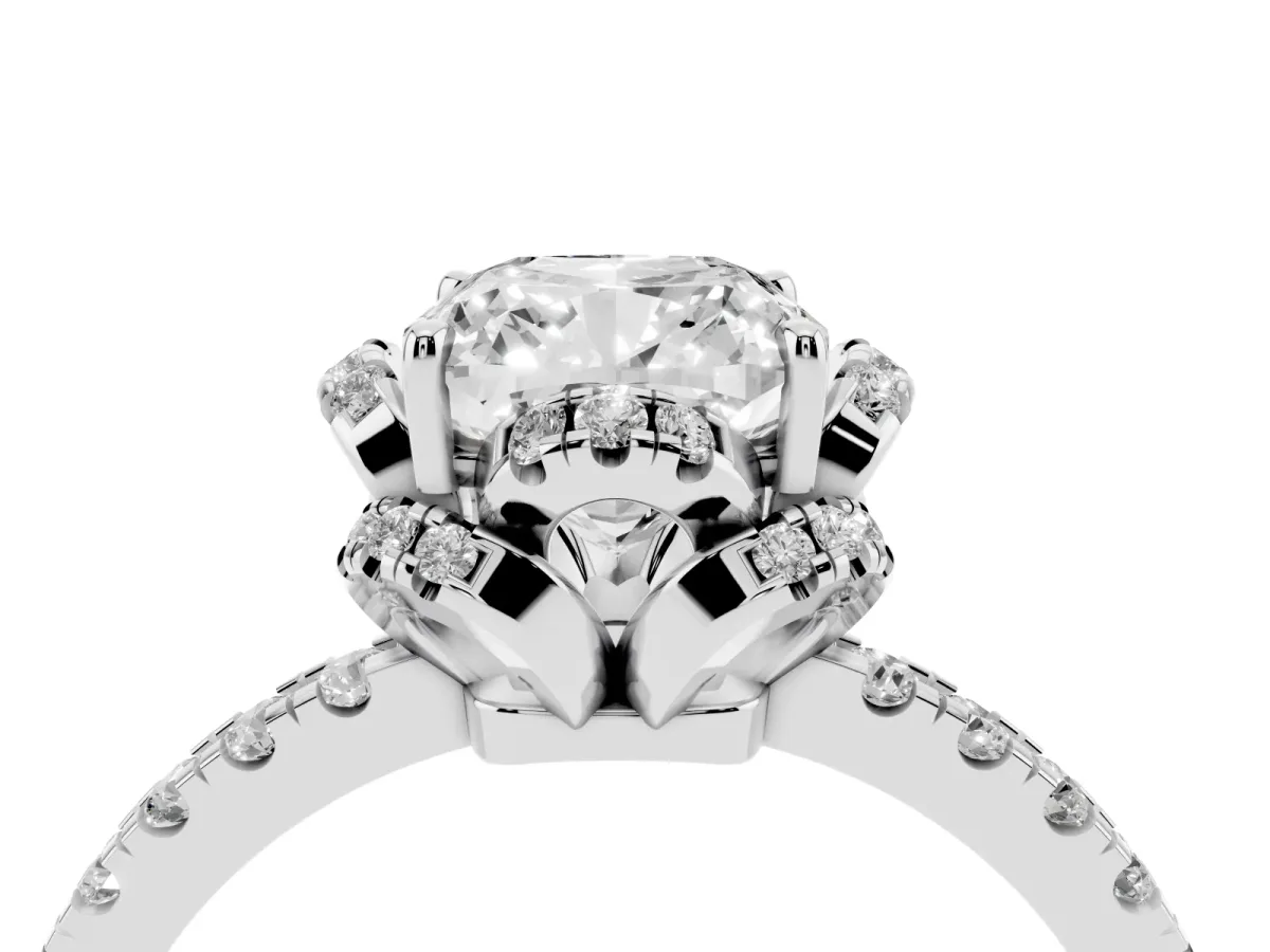 Cushion Cut Diamond Halo Pave Band with Four-Prong Setting Silver