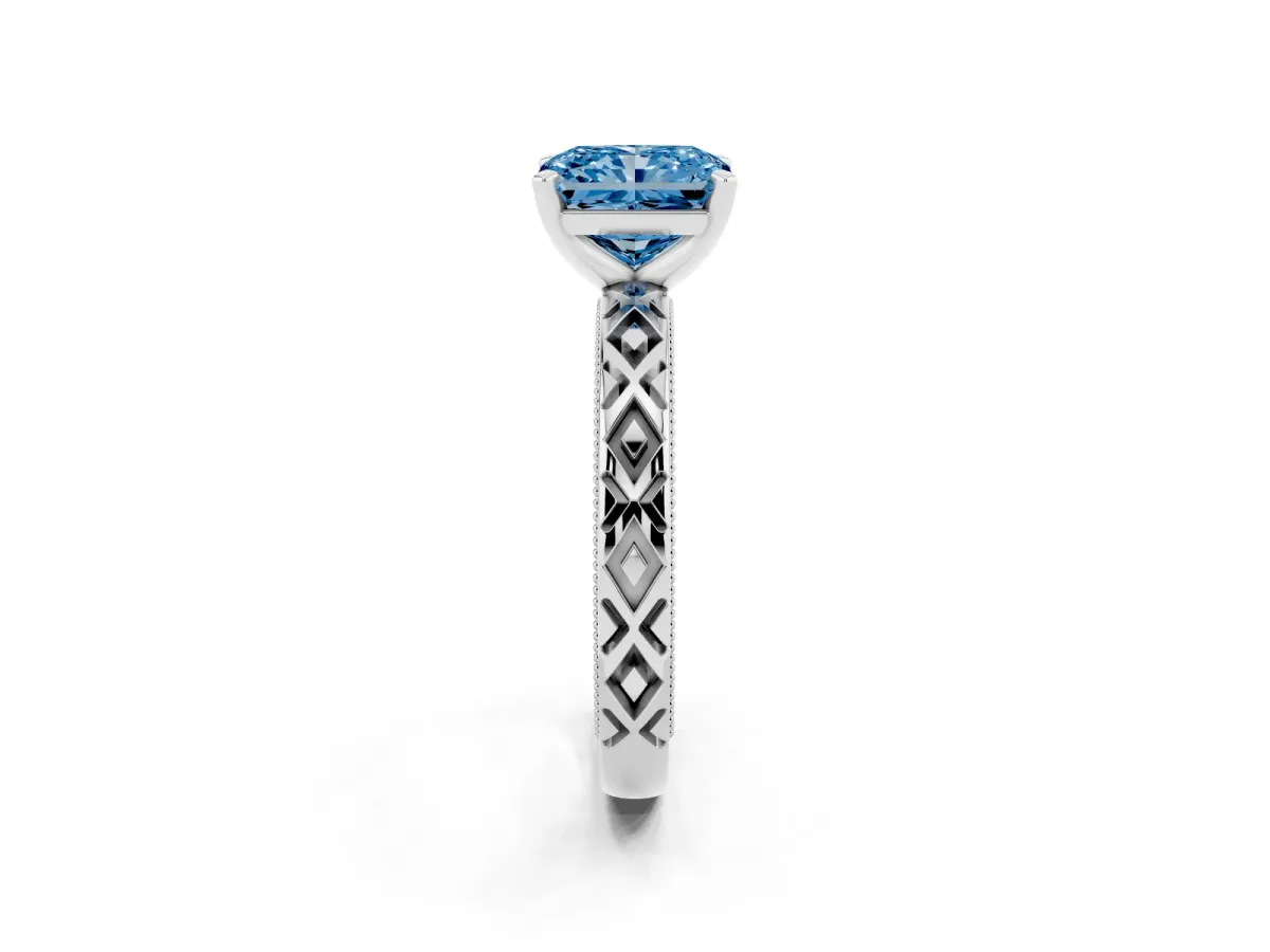 Fancy Blue Radiant Cut Solitaire Diamond Ring with Milgrain and Black Enamel X Pattern Band Silver