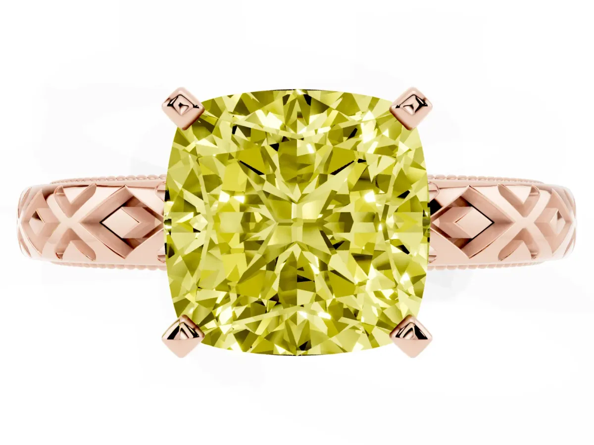 Fancy Yellow Cushion Cut Solitaire Diamond Ring with Milgrain and Black Enamel X Pattern Band Rose gold