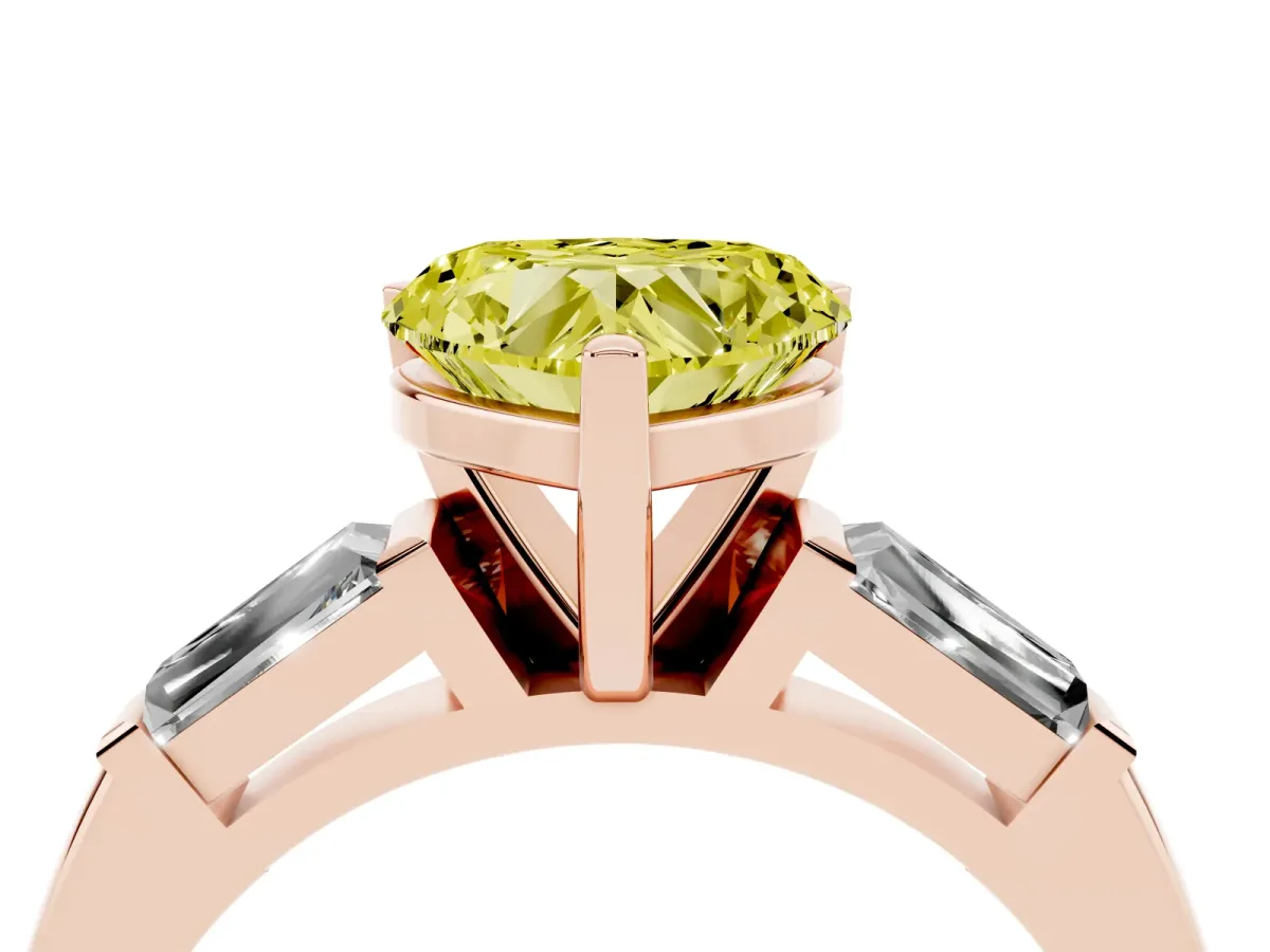 Fancy Yellow Heart Cut Solitaire with Tapered Baguette Side Stones on a Classic Band with Four-Prong Setting Rose gold
