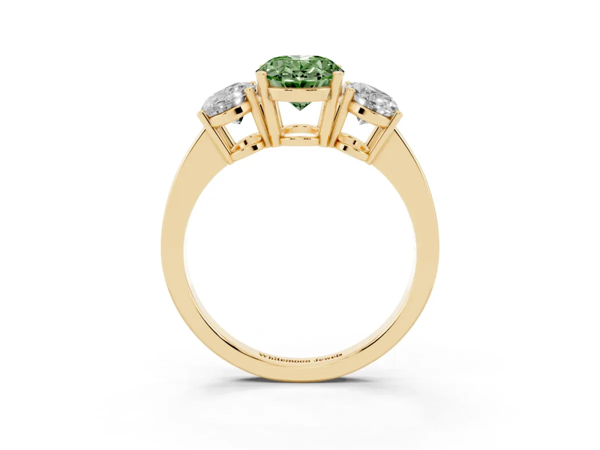 Fancy Green Three-Stone Oval Cut Cut Diamond Engagement Ring with Flat Band and Four-Prong Setting Yellow gold