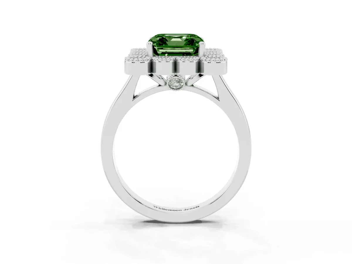 Fancy Green Asscher Cut Halo Diamond Cluster Engagement Ring with Milgrain Bezel Setting and Solitaire Band Silver