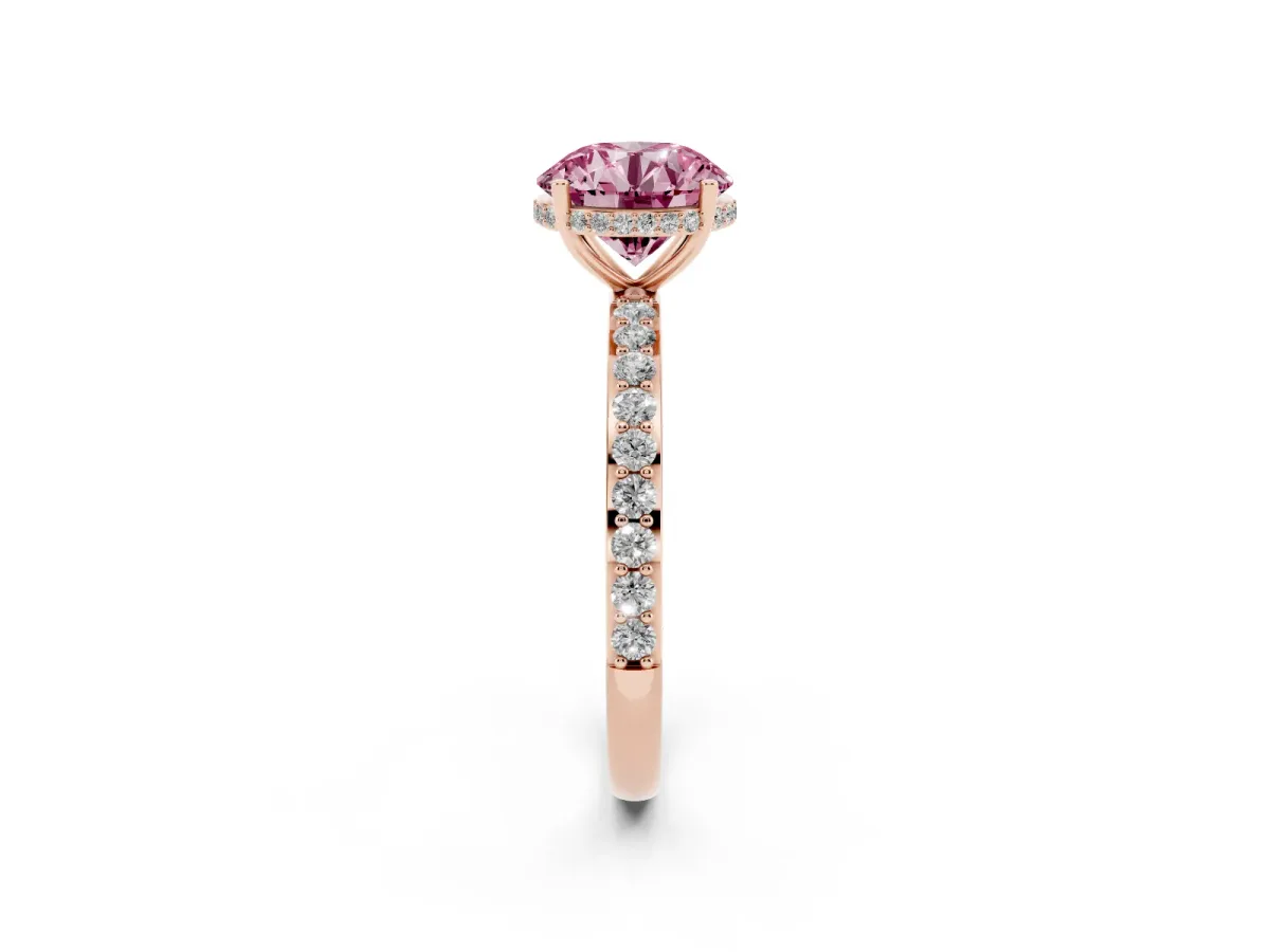 Fancy Pink Round Cut Diamond Solitaire Ring with Pavé Band and Hidden Halo Rose gold