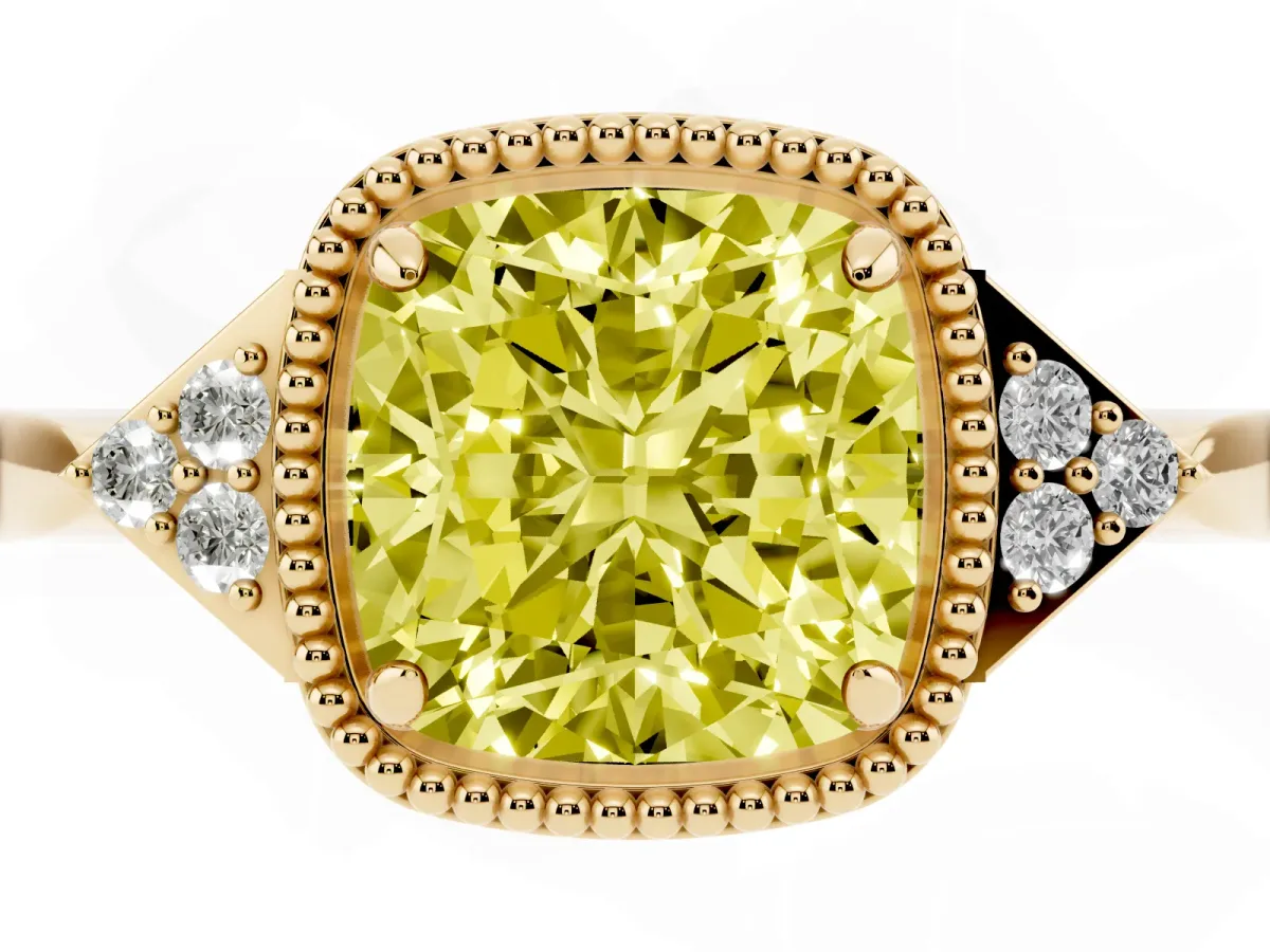 Fancy Yellow Hexagonal Halo Cushion Cut Diamond Solitaire with Pavé Band and Four-Prong Setting Yellow gold