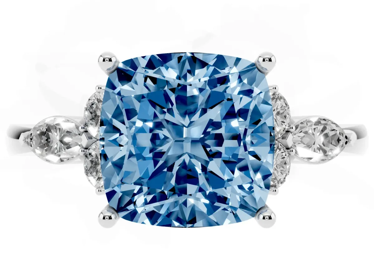 Fancy Blue Cushion Cut Brilliant Diamond Solitaire Ring with Pear Side Stones and Four-Prong Setting White gold