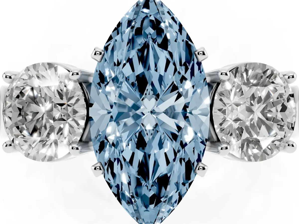 Fancy Blue Three-Stone Marquise Cut Diamond Ring with Round Side Stones, Classic Band, and Four-Prong Setting Platinum