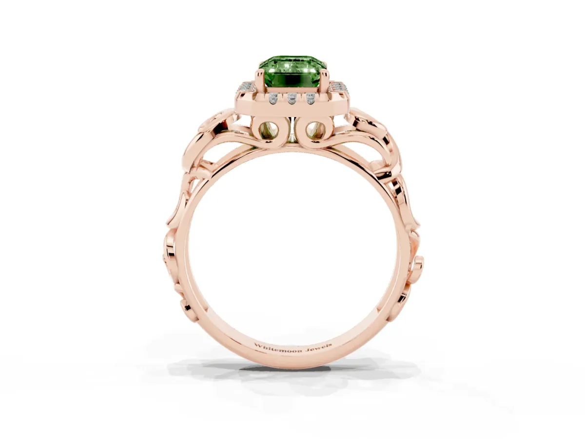 Fancy Green Emerald Cut Cut Halo Diamond Ring with Scrollwork Band and Four-Prong Setting Rose gold