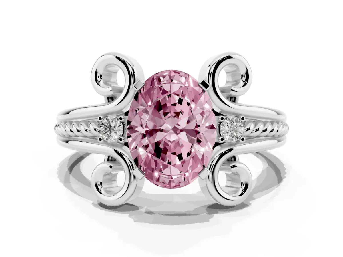 Fancy Pink Oval Cut Solitaire Twisted Band Scroll Prong Ring White gold
