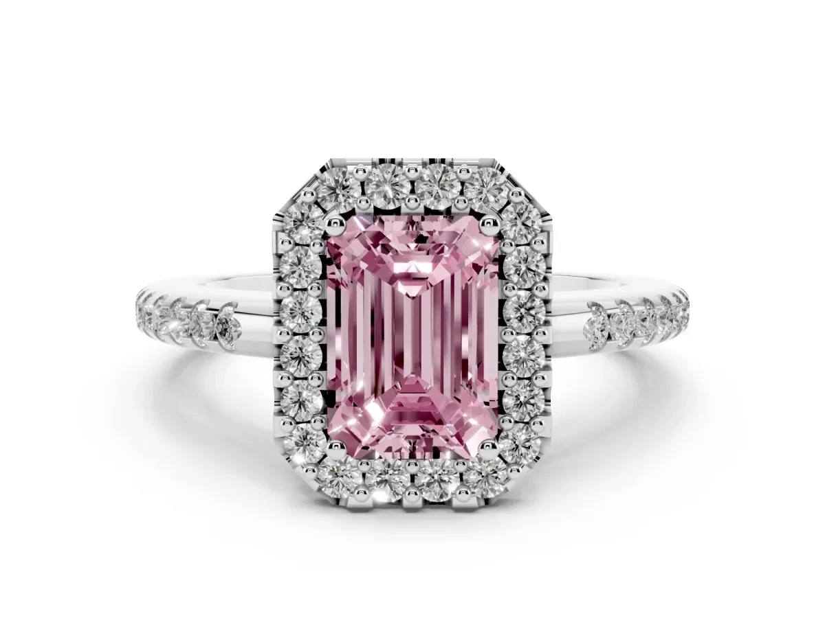 Fancy Pink Emerald Cut Diamond Pavé Halo Ring with Four-Prong Setting Silver