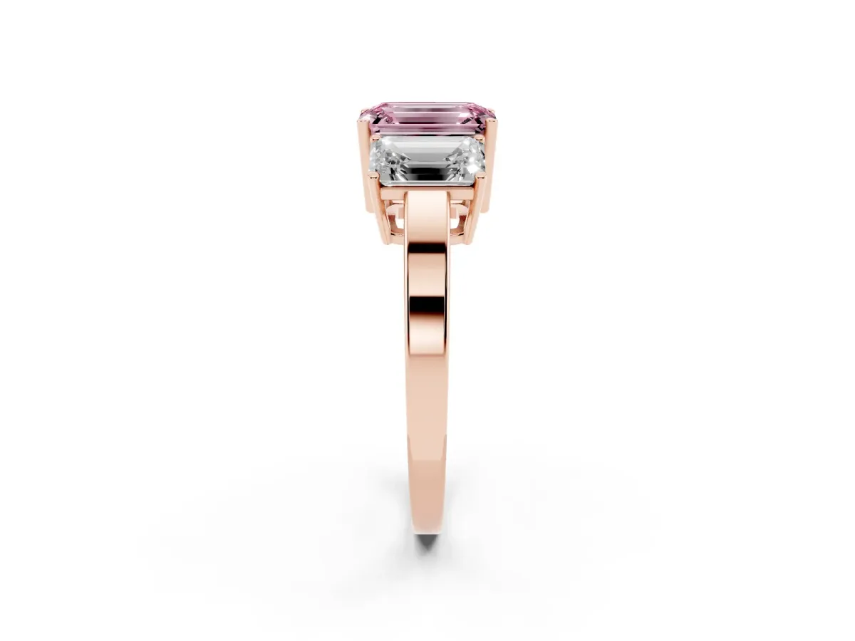 Fancy Pink Three-Stone Emerald Cut Cut Diamond Engagement Ring with Flat Band and Four-Prong Setting Rose gold