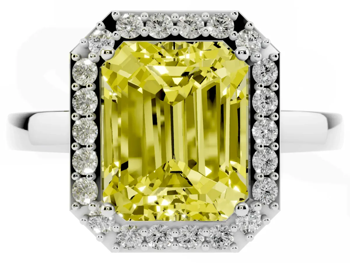 Fancy Yellow Radiant Cut Halo Diamond Ring with Solitaire Band and Prong Setting Silver