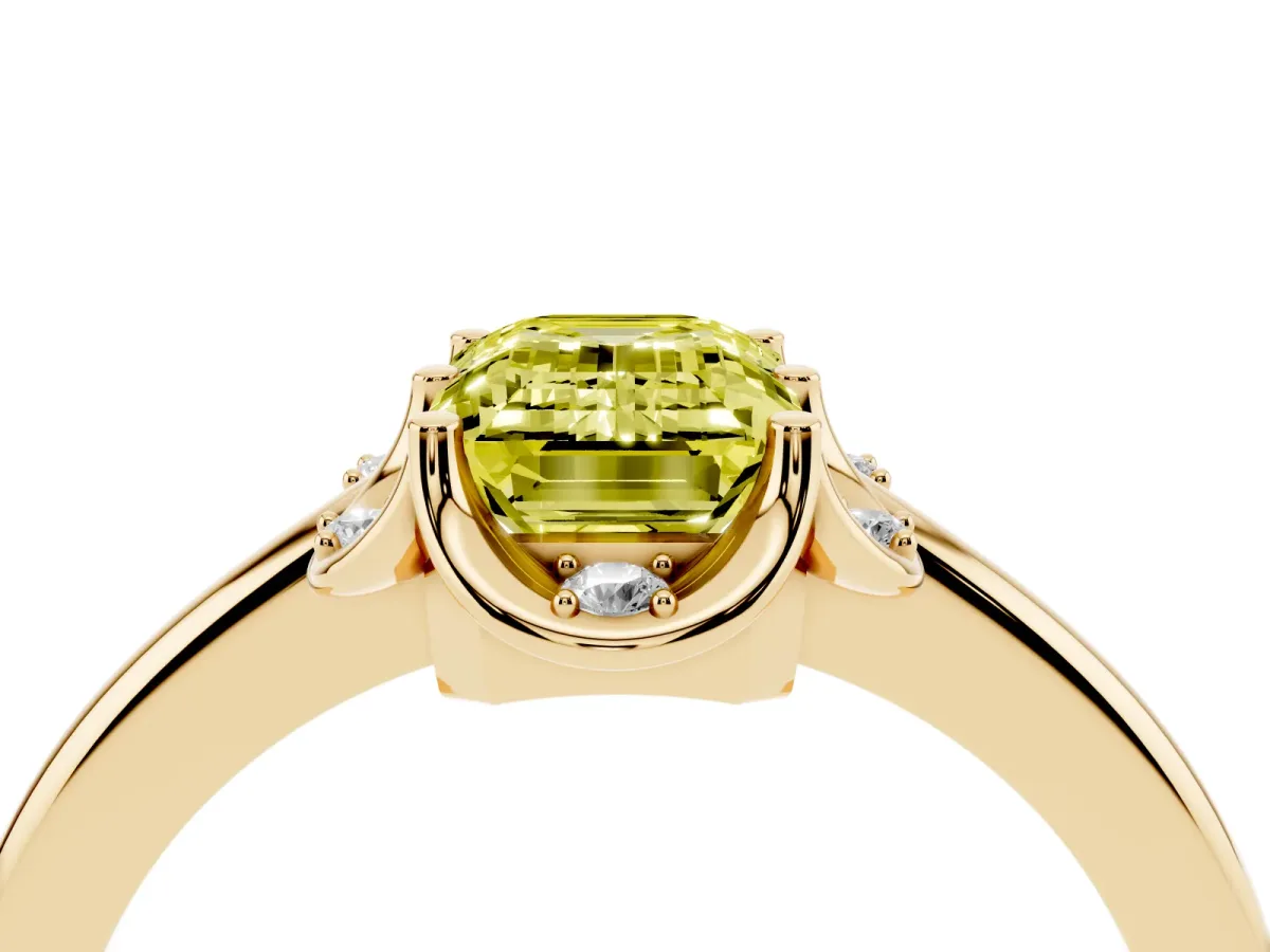 Fancy Yellow Emerald Cut Halo Diamond Ring with Round Cluster Setting, Solitaire Band, and Four-Prong Setting Yellow gold