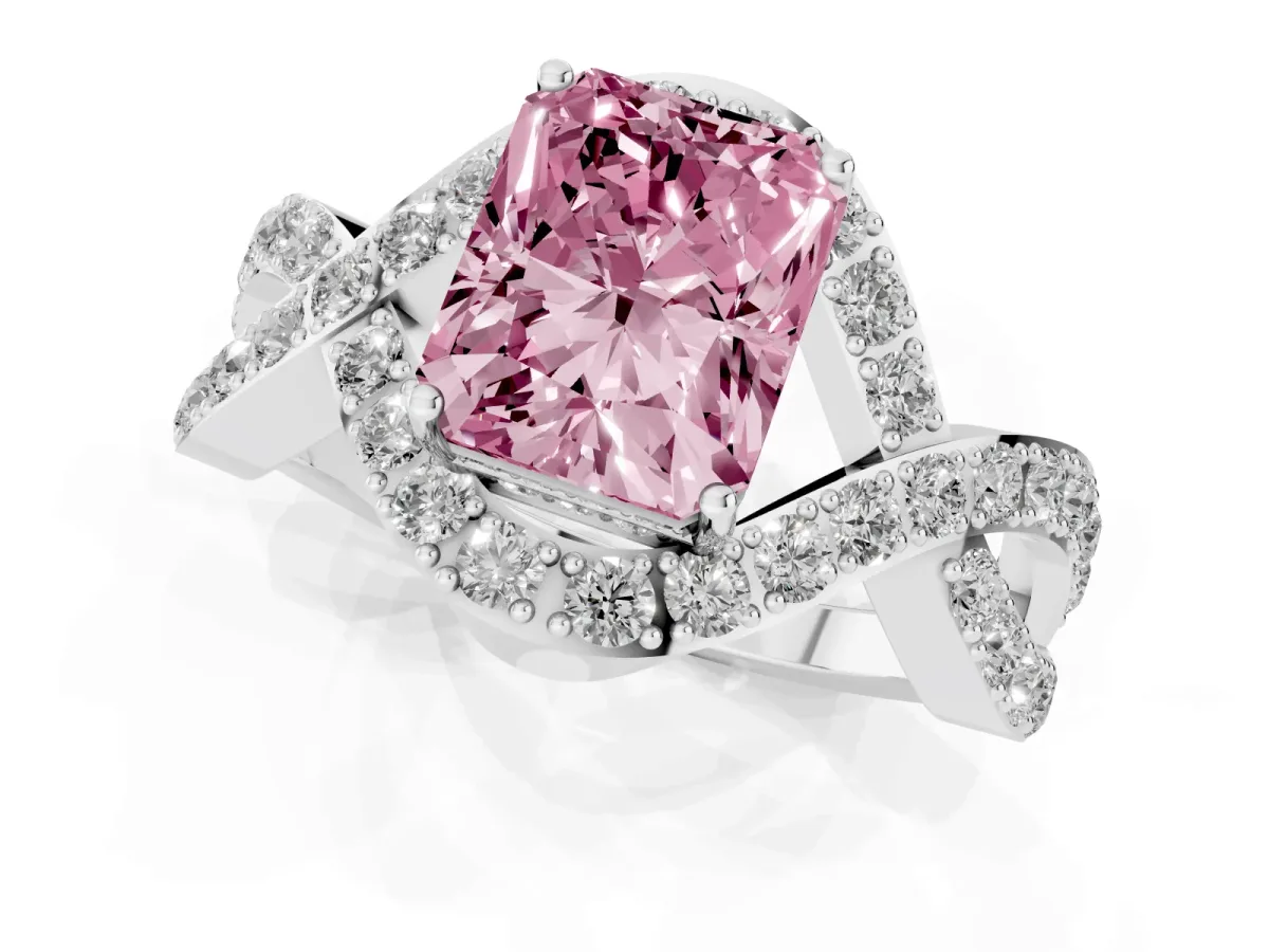 Fancy Pink Radiant Cut Solitaire Twist Band Pavé Diamond Engagement Ring Platinum