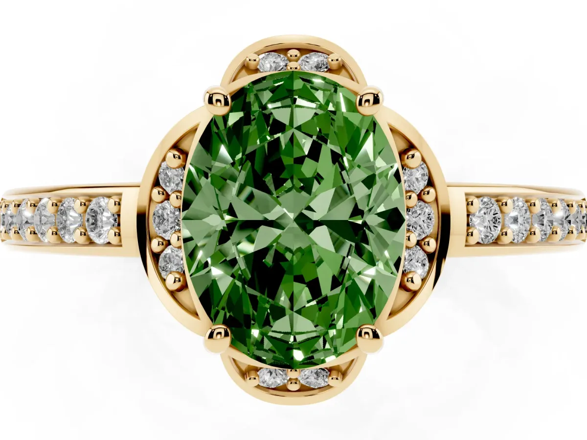 Fancy Green Oval Cut Cut Halo Diamond Ring with Channel Set Band and Four-Prong Setting Yellow gold