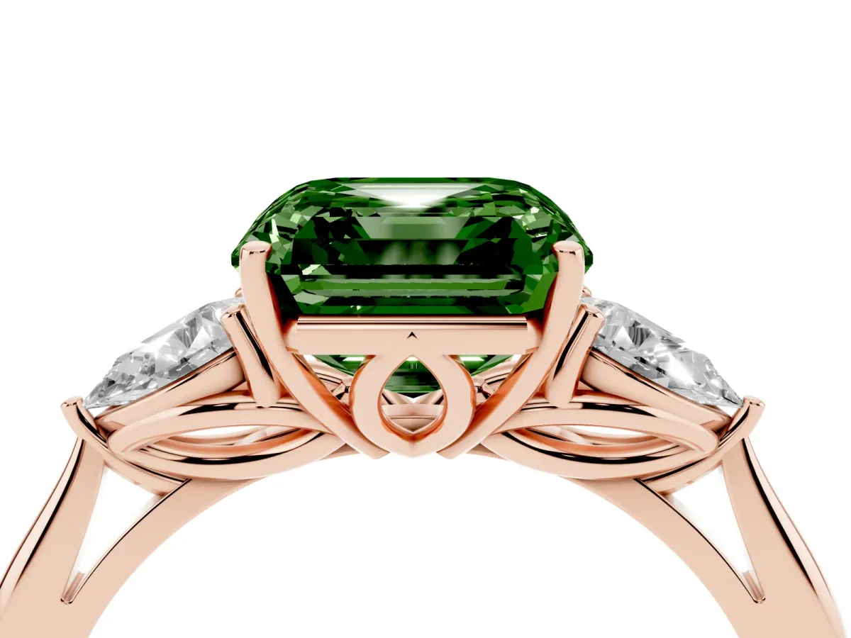 Fancy Green Asscher Cut Diamond Three-Stone Ring with Pear Side Stones and Prong Setting Rose gold