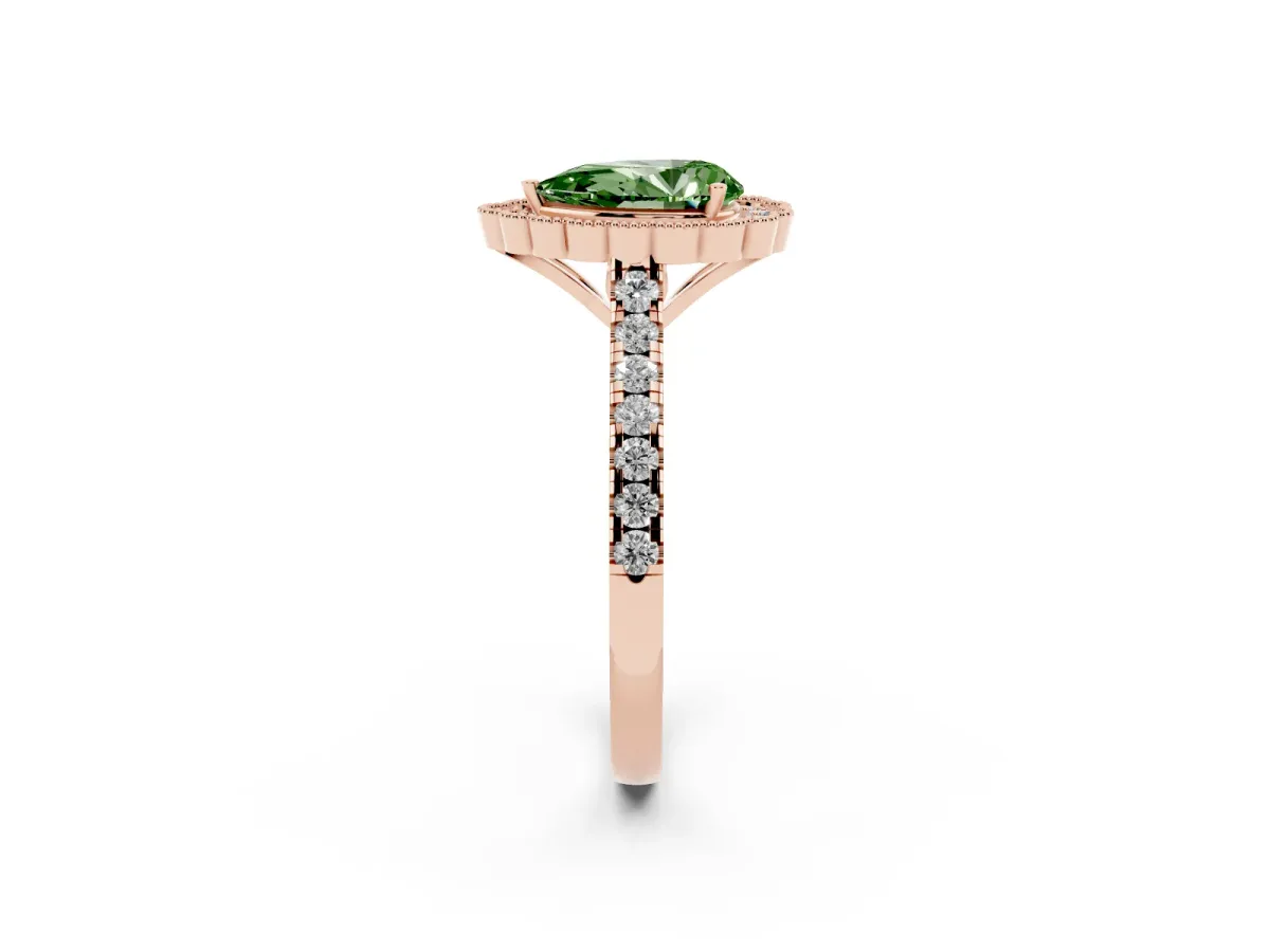 Fancy Green Pear Cut Cut Diamond Milgrain Floral Halo Engagement Ring with Pavé Band Rose gold