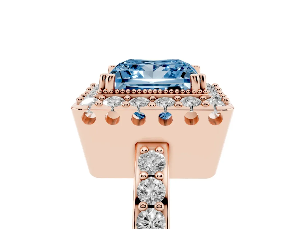 Fancy Blue Princess Cut Diamond Halo Ring with Pavé Band and Prong Setting Rose gold